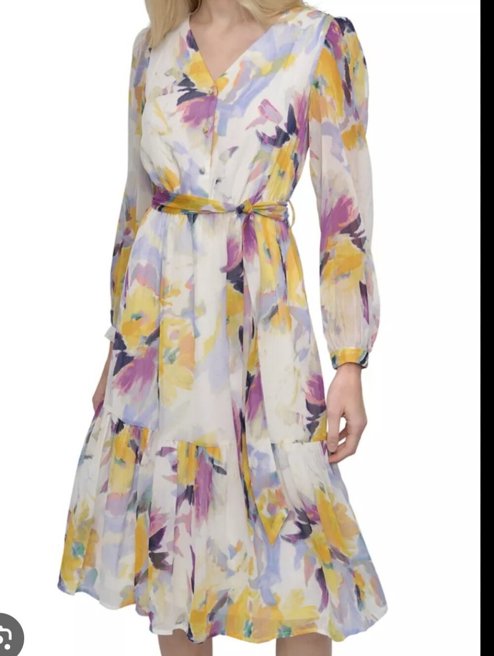 DKNY Women Floral Print Chiffon A-Line Dress Sheer Sleeve White Yellow & Purple